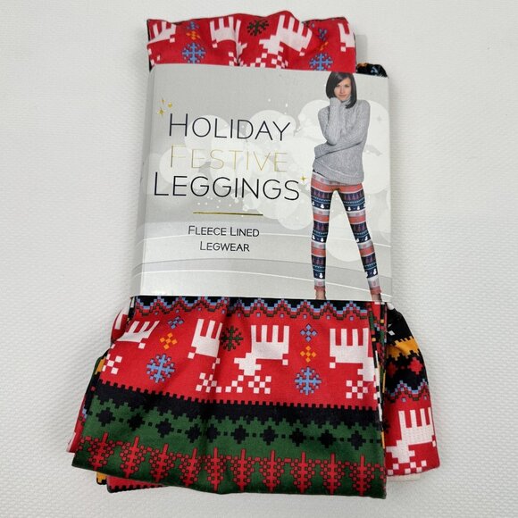 Holiday Festive Pants - Holiday Festive Womens Leggings Fleece Lined Cozy Christmas Reindeer Size L/XL